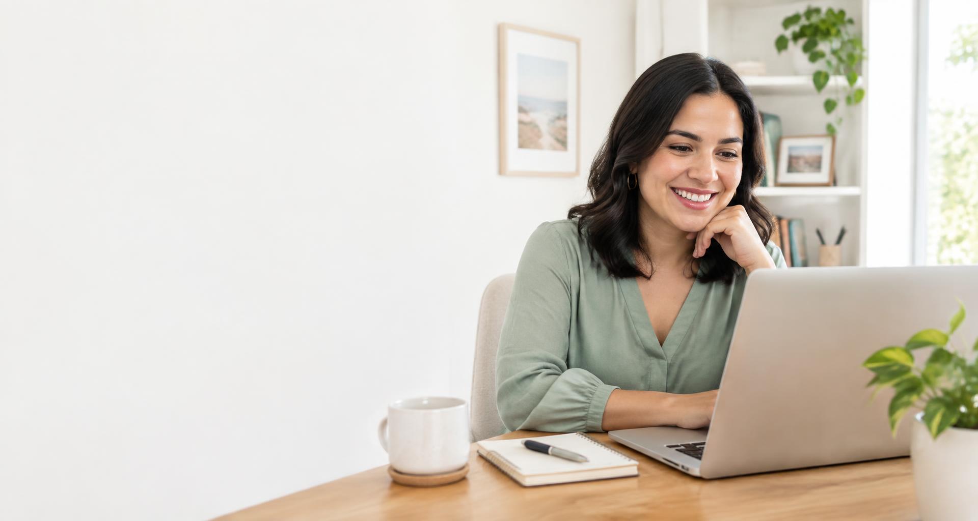 An adult enjoying an online English lesson at home